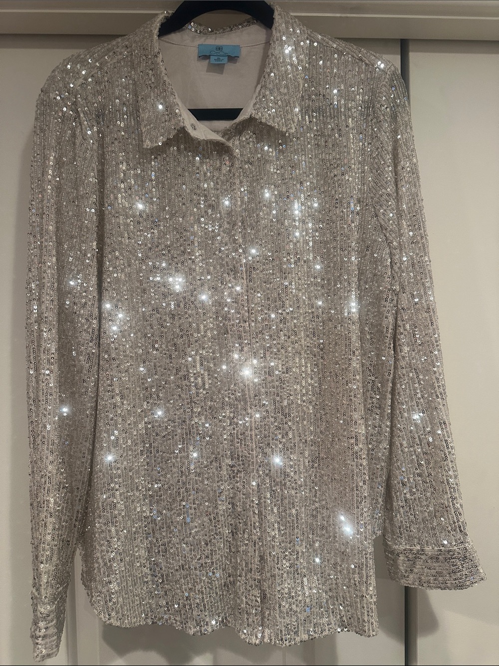 CeCe Cream Blouse with Silver Sequin Trim